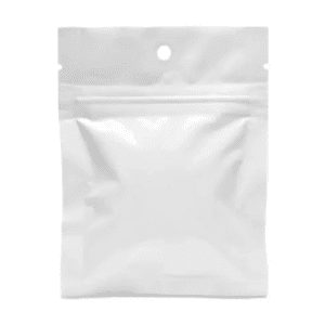 A white bag of food with a hole in the top.