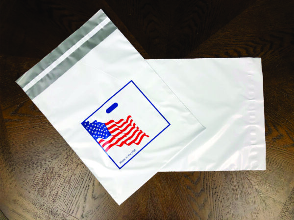 A white bag with an american flag on it.