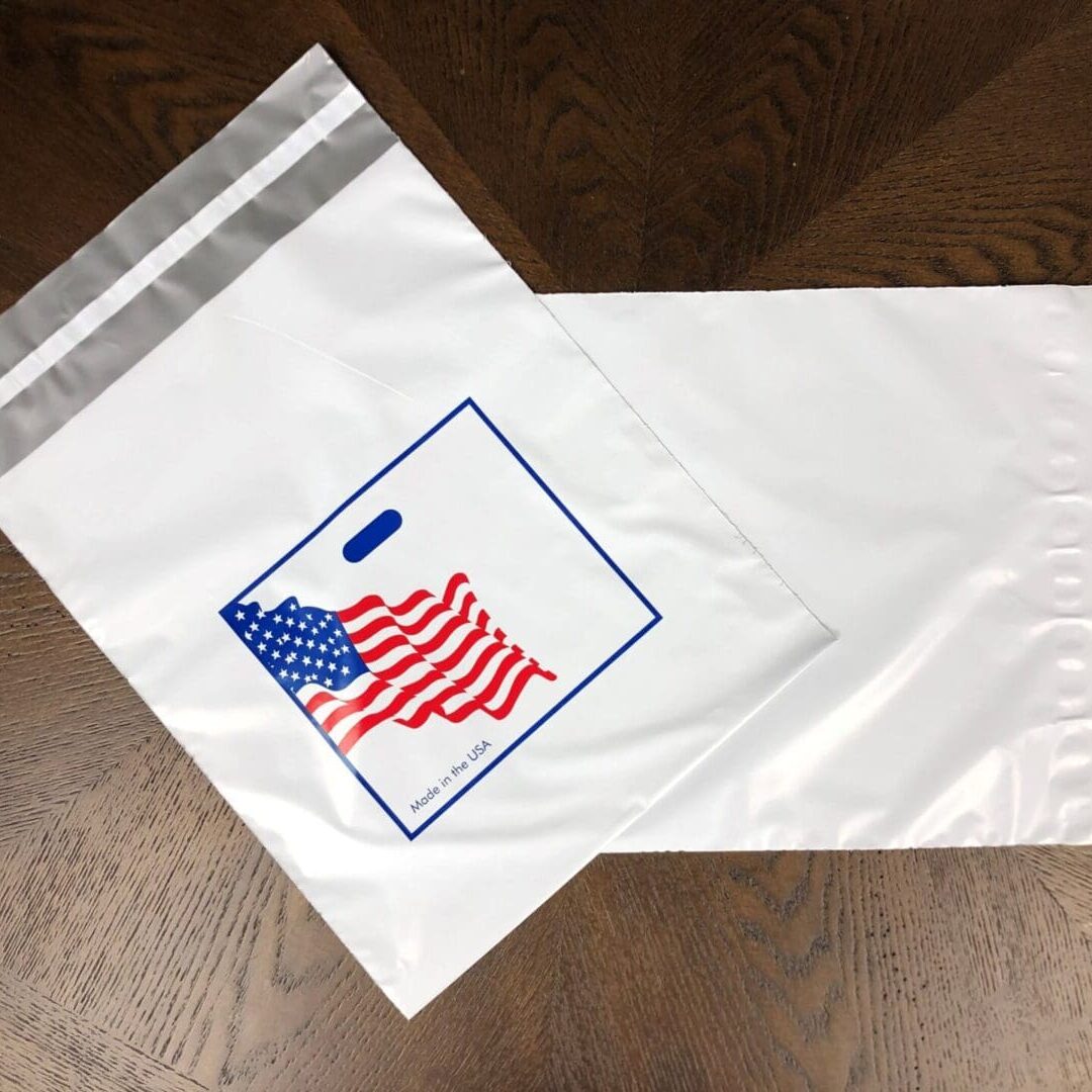 A white bag with an american flag on it.